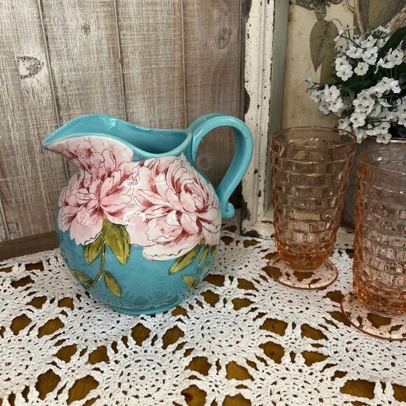 Teal French Country Pitcher/Vase with Pink Peony Flowers - Picture 6 of 7